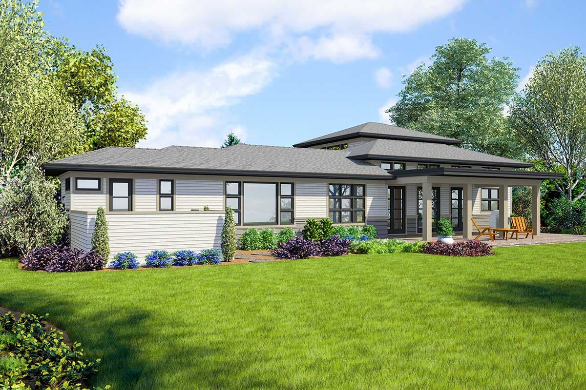 Modern house plan exterior with single story, horizontal siding, large windows, and covered porch with seating.