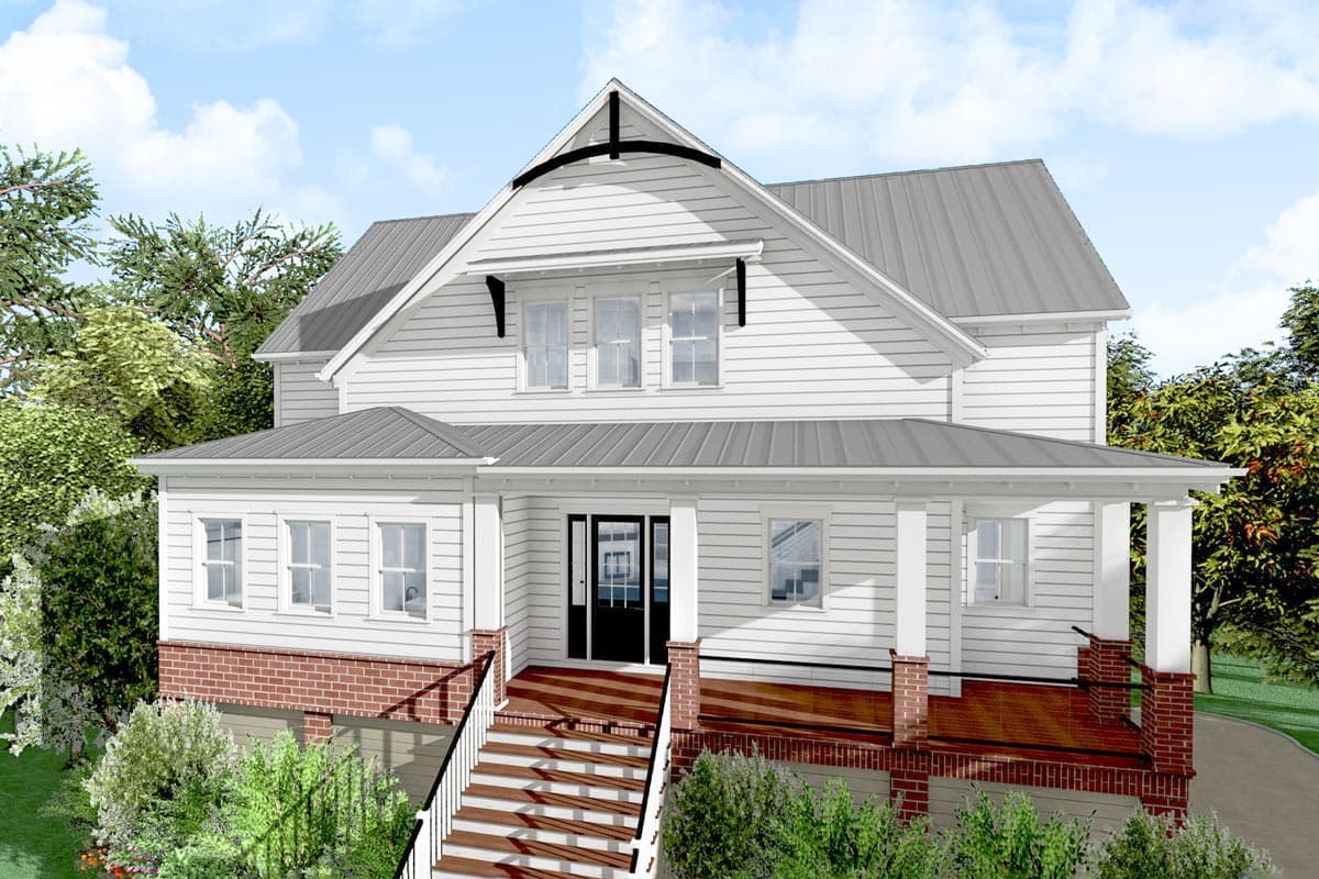 House plan exterior. Two-story Craftsman home with a front porch, gabled roof, and dormer windows. Features include a brick foundation and metal roof.