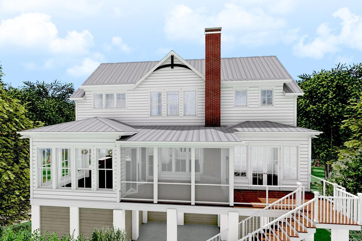 House plan exterior: two-story white siding home with metal roof, brick chimney, and wraparound screened porch.
