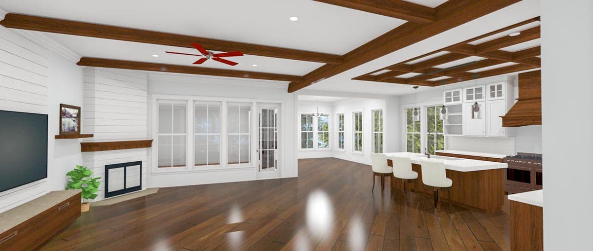 Rendering of an open concept living area with fireplace, kitchen island, and coffered ceiling with wood beams.