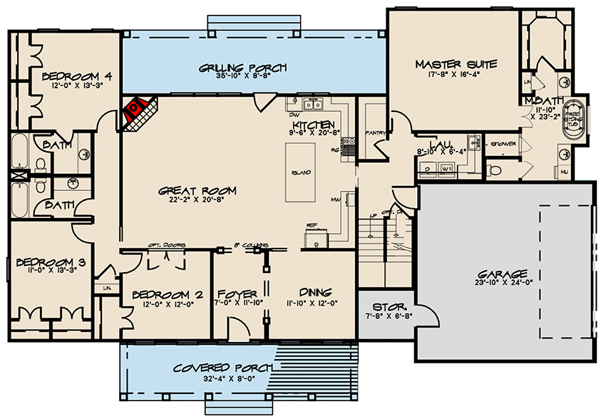 Plan 70604SND: Traditional Farmhouse with Two Bonus Rooms Over Garage - 3421 Sq Ft - Floor Plan - Main Level - Country, Farmhouse, New American, Southern, Traditional