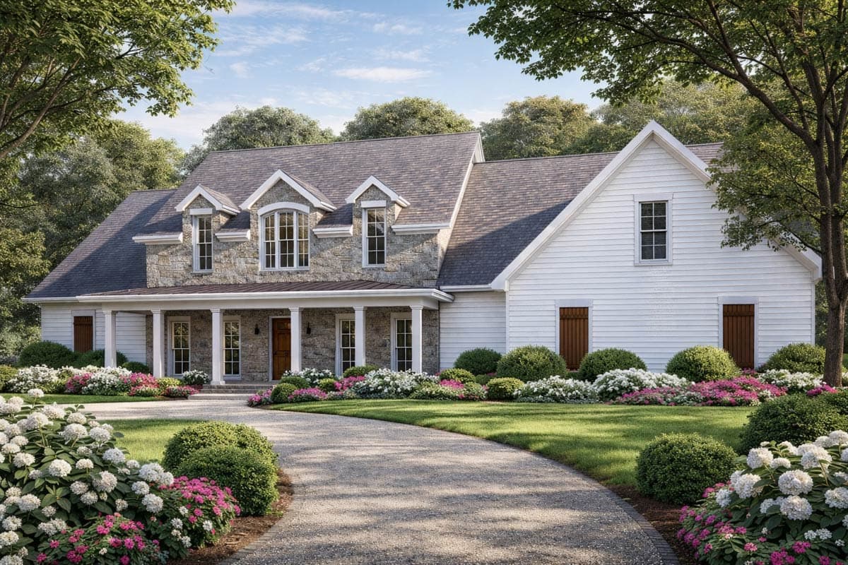 Modern Farmhouse house plan exterior with stone and siding, wide porch, gables, and dormers.