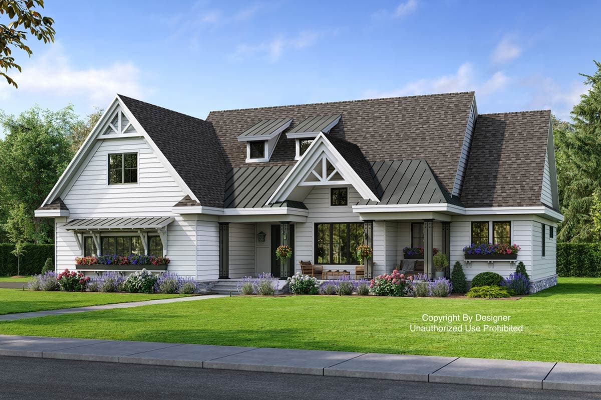 Modern Farmhouse house plan exterior, one story, with gable dormers, metal roof accents, and covered front porches.
