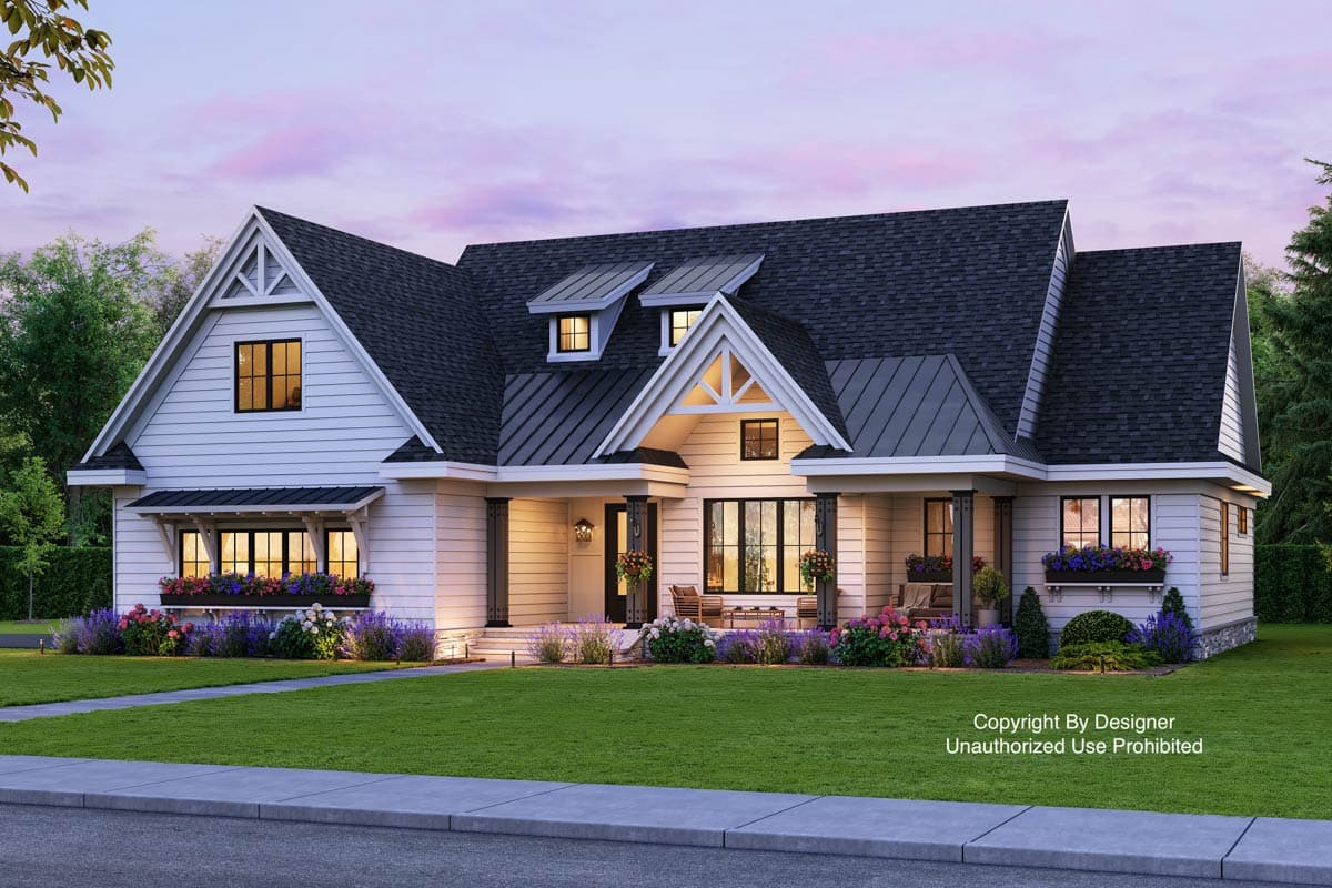House plan exterior. Two-story Modern Farmhouse with gables, a covered porch, and dormers. Features dark roof and flower boxes under windows.
