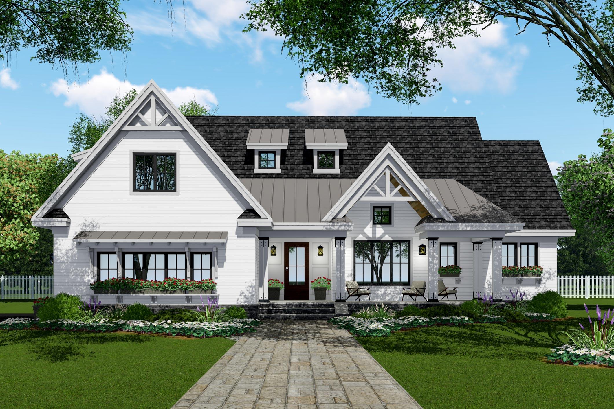 Modern Farmhouse style house plan exterior with gables, dormers, and a covered front porch.