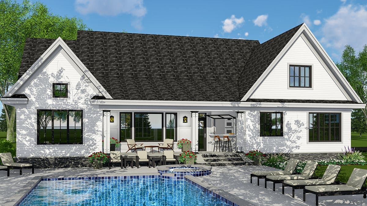 Modern Farmhouse house plan exterior with gables, a covered patio with outdoor kitchen, and large windows.