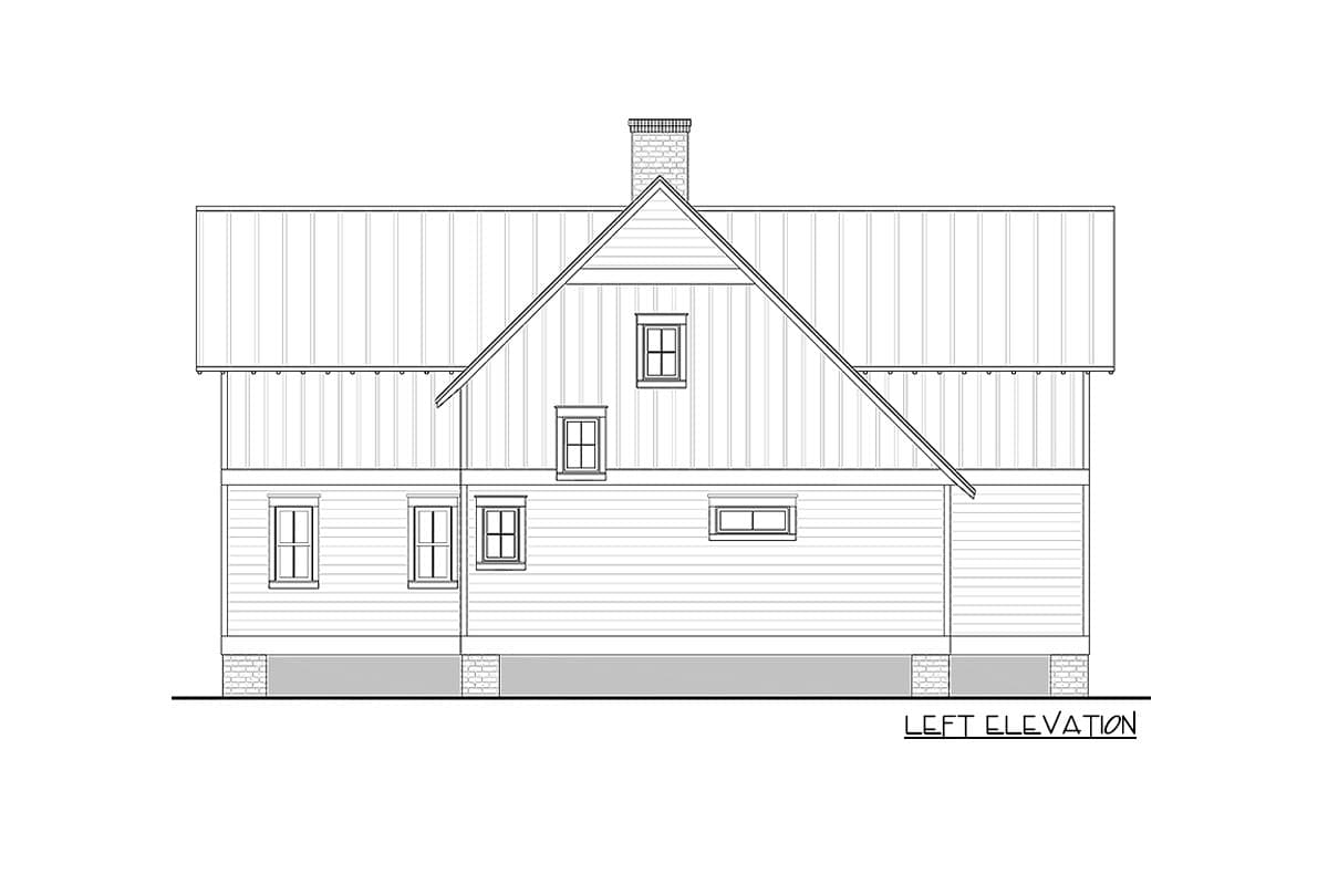 Left elevation floor plan showing a metal roof, gabled dormers, windows, siding, and a brick chimney.