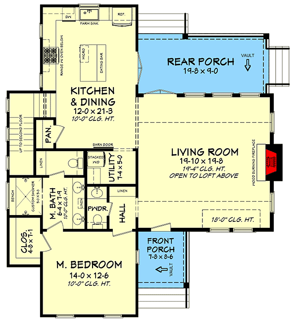 Plan 51789HZ: 3-Bed Cottage with Loft Overlook - Floor Plan - Main Level - Cottage, Country