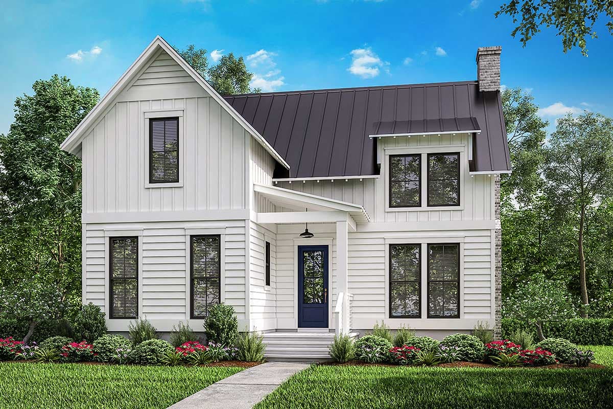 House plan exterior. Two-story Modern Farmhouse with gable roof, covered porch, and board-and-batten siding. Features a brick chimney.