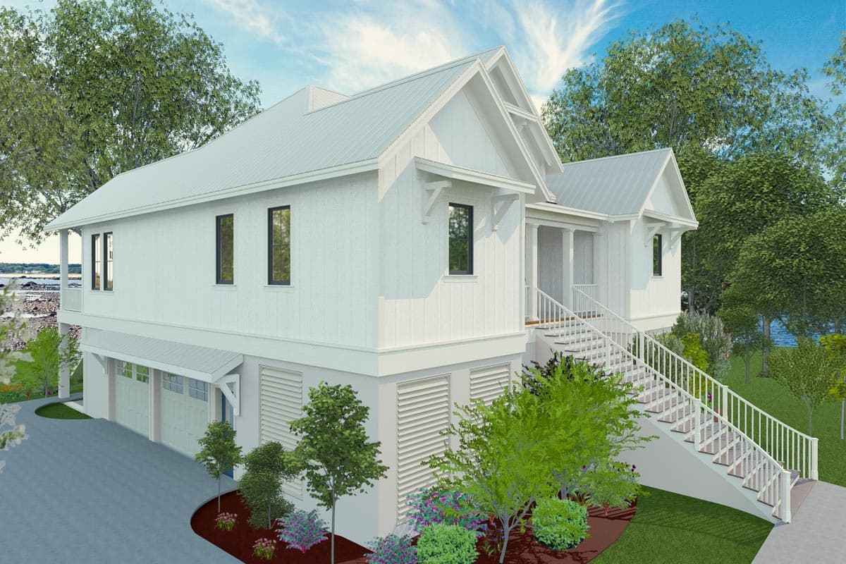House plan exterior: Modern farmhouse style, two stories, metal roof, front porch with stairs, and a three-car garage.