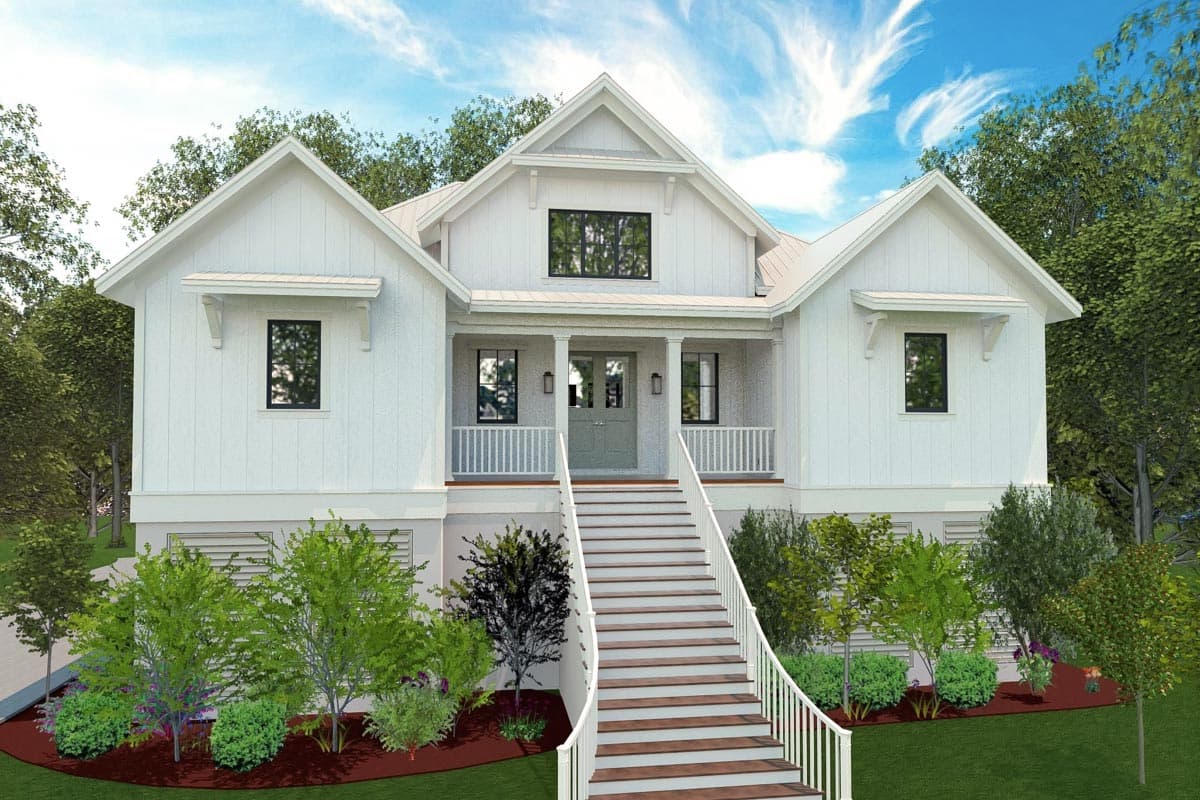 House plan exterior. Modern Farmhouse style, two-story home. Features include a front porch, gabled roof, and multiple dormers.