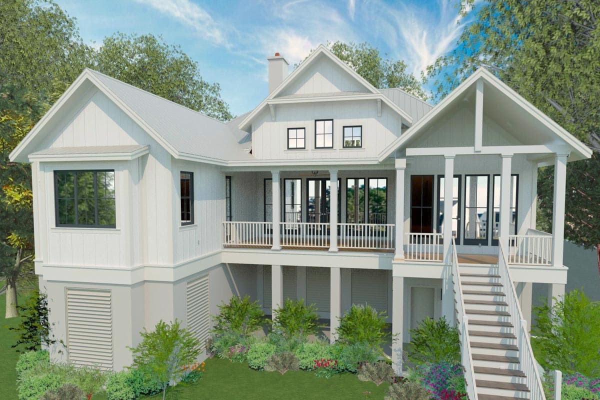 House plan exterior: Modern Farmhouse style, two stories, white board and batten siding, standing seam metal roof, covered porch with columns, gables.