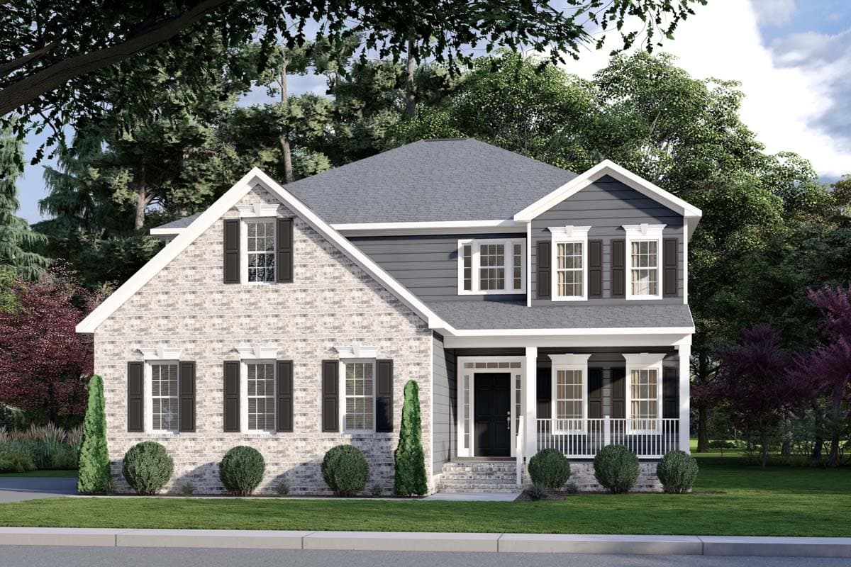 House plan exterior with two stories. Features include a front porch with columns, gabled roof, and brick facade on the first story.