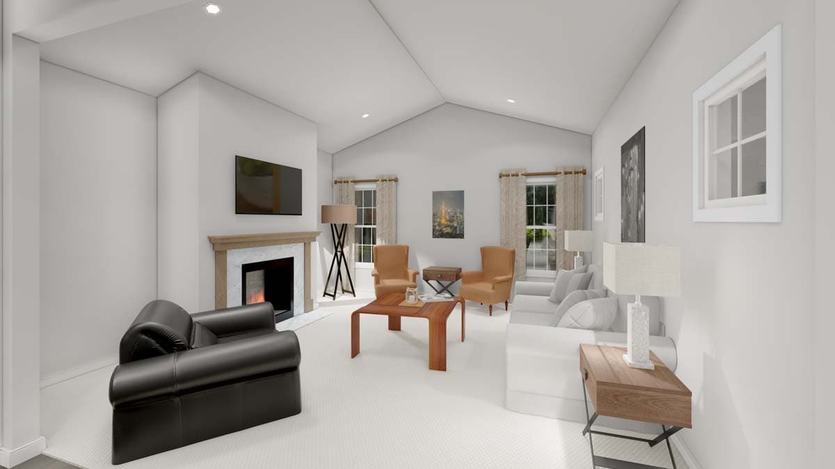 Living room with vaulted ceiling, fireplace with marble surround, and sectional sofa.