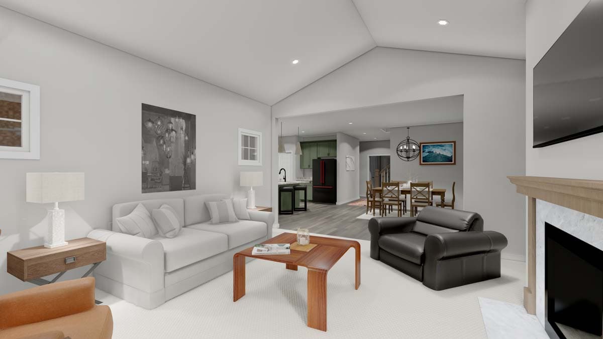 Interior rendering showing a living room with vaulted ceiling, fireplace, and view into the kitchen and dining area.
