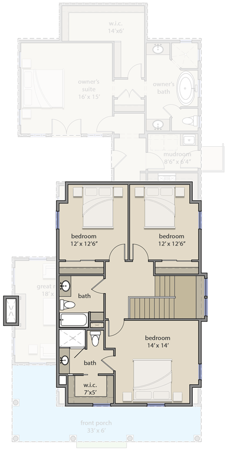 Plan 25409TF: Charming 4-Bedroom Cottage Plan for Narrow Lot - Floor Plan - 2nd Floor - Coastal, Cottage, Country, Farmhouse, New American, Traditional