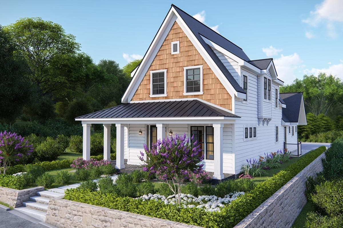 House plan exterior: Two-story Modern Farmhouse with covered porch, gabled dormer, and cedar shingles.