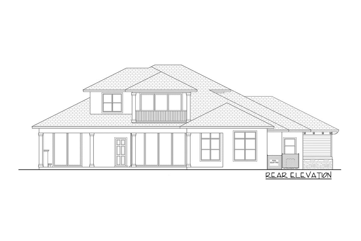 Rear elevation house plan with pitched roofs, covered porch, second-story balcony, and multiple windows.