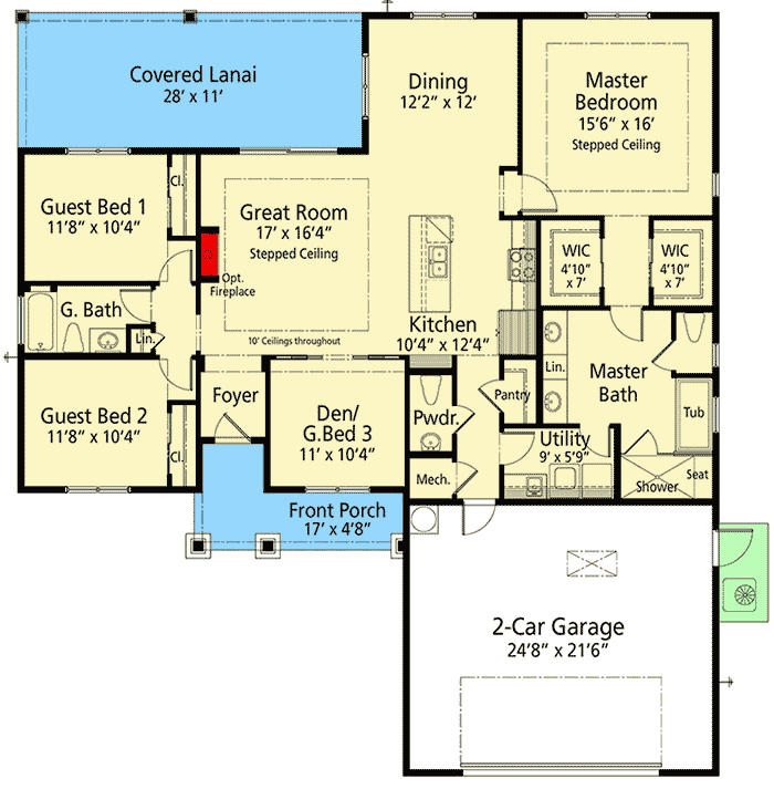 Plan 33221ZR: Delightful 3- to 4-Bedroom Beach Cottage Plan  - Floor Plan - Main Level - Craftsman, Florida-Style, Ranch