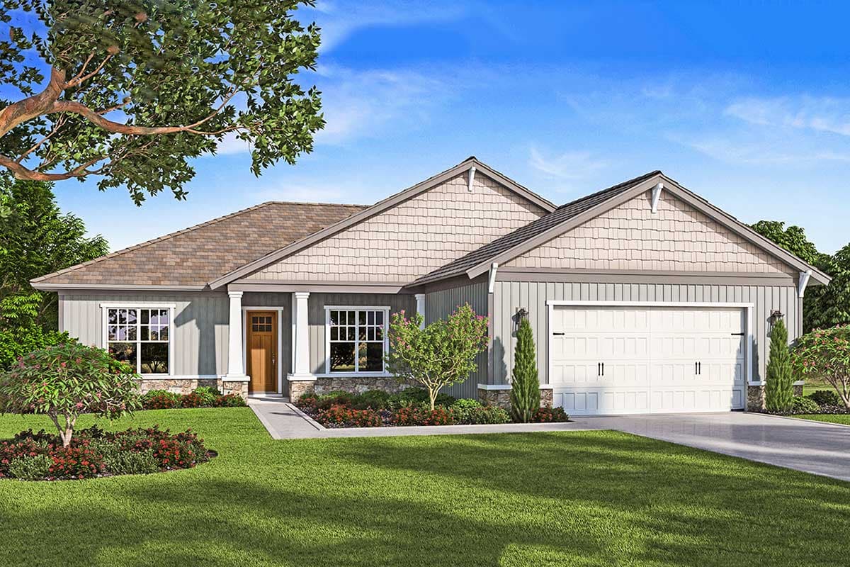 House plan exterior. Ranch-style home with gabled roof, stone accents, and attached garage. Includes front porch and multiple windows.