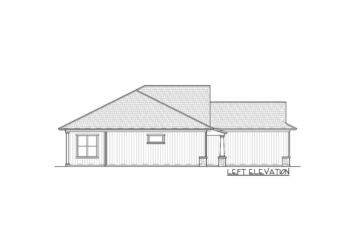 Left elevation house plan drawing showing a single-story structure with a hip roof, covered entry with columns, and double-hung windows.