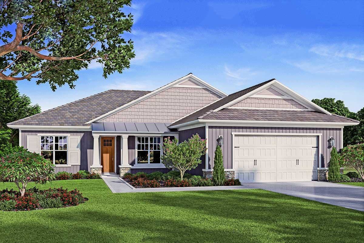 House plan exterior. Ranch-style home with a gabled roof, covered porch with columns, and attached two-car garage.