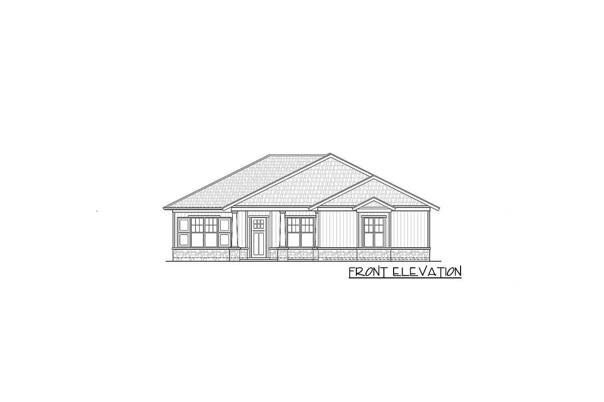 Front elevation house plan for a single-story home with a prominent gable, central entrance, and multiple windows.