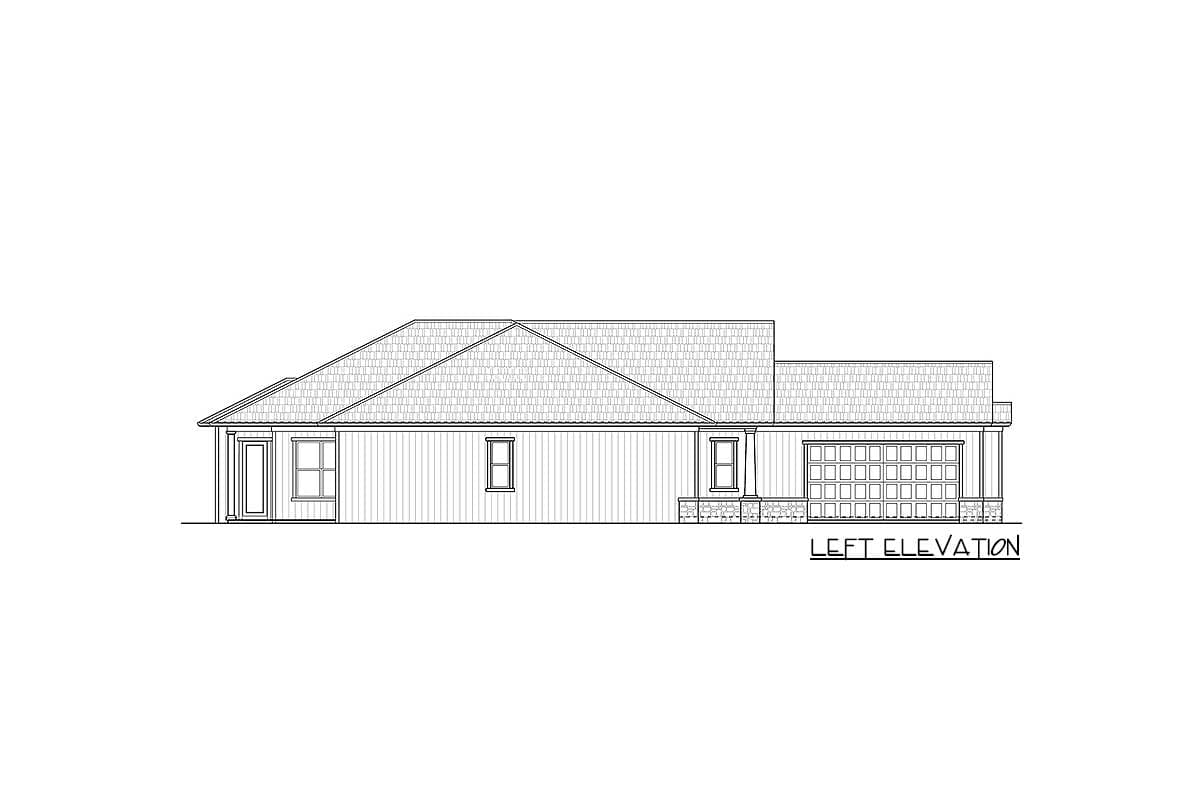 Left elevation drawing of a single-story house plan with a prominent gabled roof, windows, and a two-car garage.