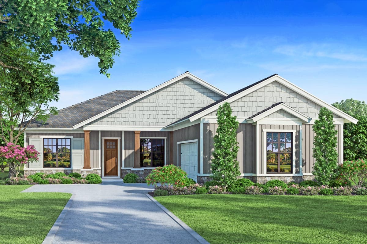 House plan exterior. Ranch-style home with shingle siding, gables, and a front-entry garage. Features include porch columns and a low-pitched roof.