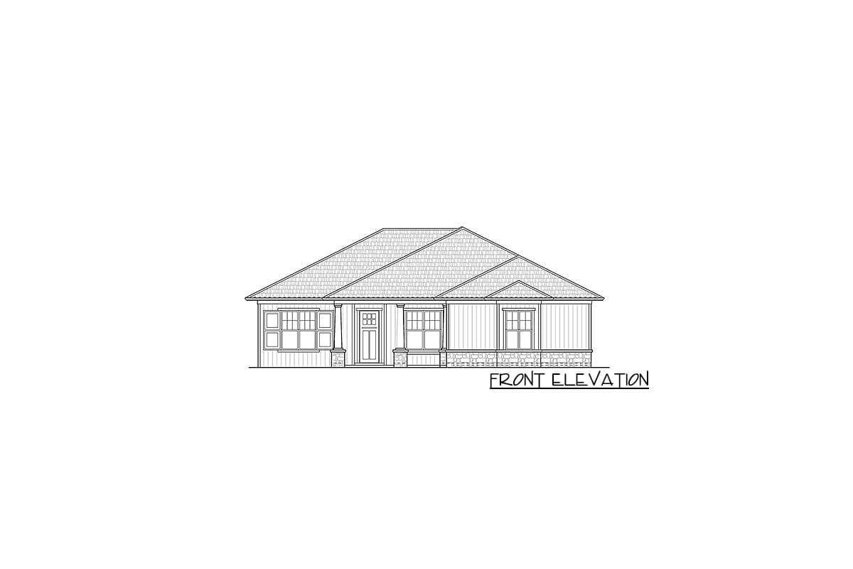 Front elevation drawing of a single-story house plan with a prominent roofline, centered door, and multiple windows.