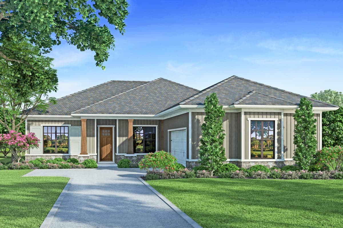 House plan exterior. Single-story home with Craftsman style. Features include gabled roof, covered entry porch, and attached garage with garage door.