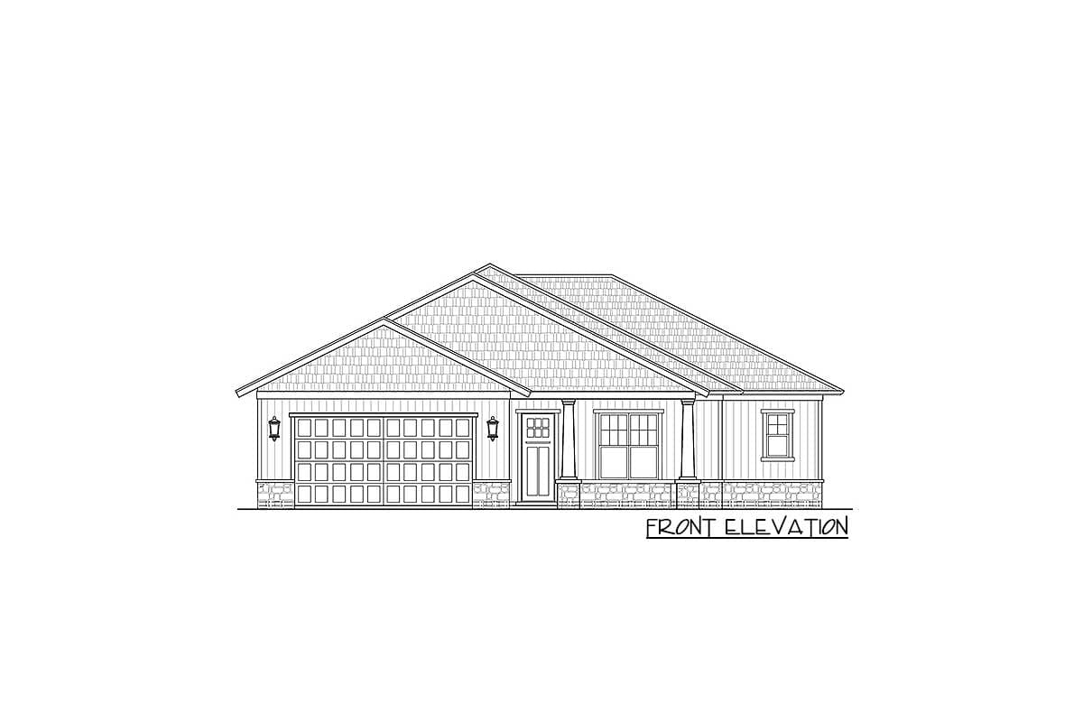 Front elevation drawing of a single-story house with a multi-panel garage door, covered entry with columns, and prominent rooflines.