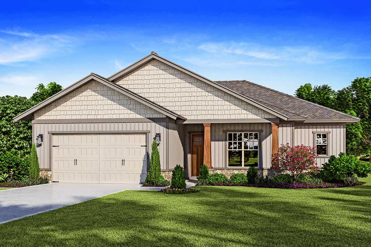 House plan exterior. Ranch style with a gabled roof, shake siding, and a two-car garage. Features a covered porch and window with trim.
