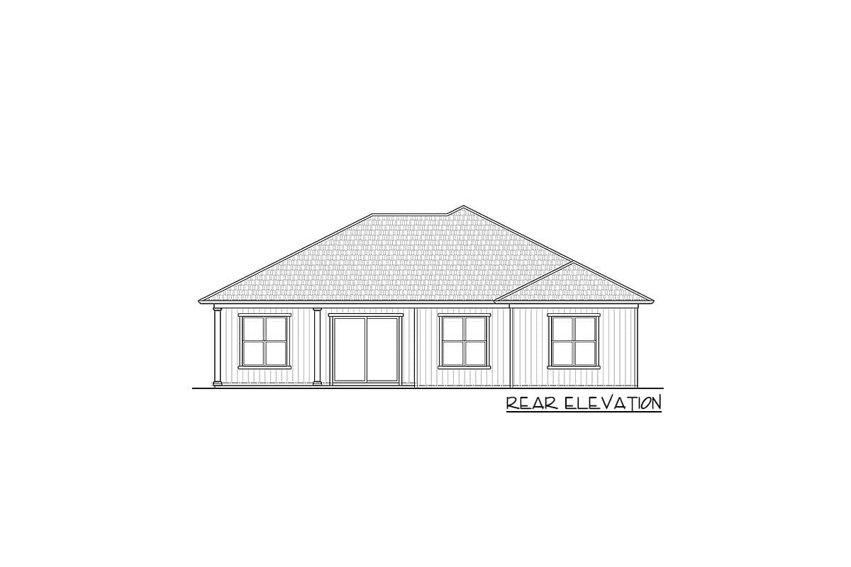 Rear elevation house plan drawing showing a single-story home with hip roof, three windows, and sliding glass doors.