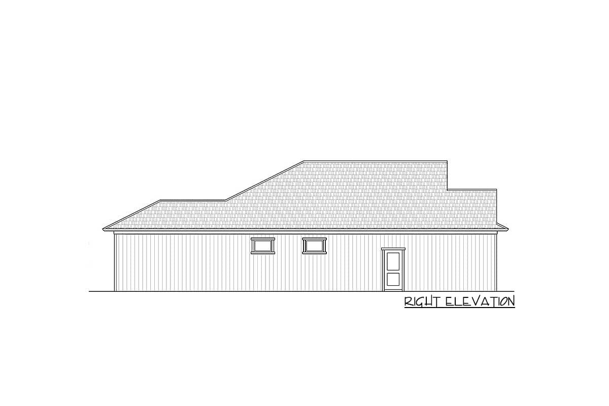 Right elevation house plan drawing showing a tiered roofline, two windows, and one door.