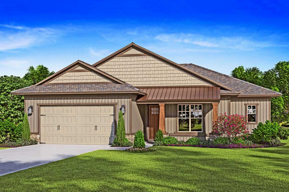 House plan exterior with Craftsman style. Features include a front-facing garage, gabled rooflines, and a covered porch. One-story house with siding.