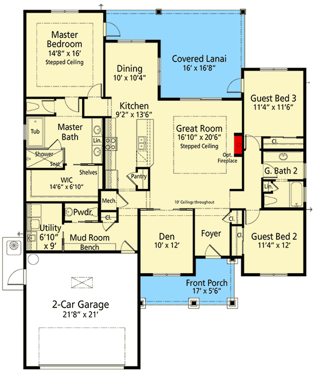 Plan 33227ZR: Versatile Open-Concept 3-Bedroom Home Plan with Den - Floor Plan - Main Level - Craftsman, Northwest, Ranch