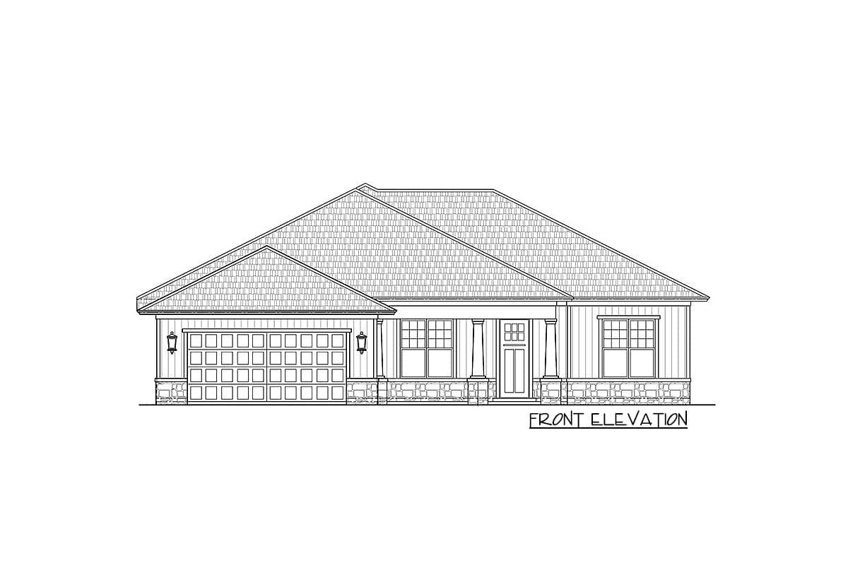 Front elevation drawing of a single-story house plan with a prominent gable, covered entry, and side-facing garage.