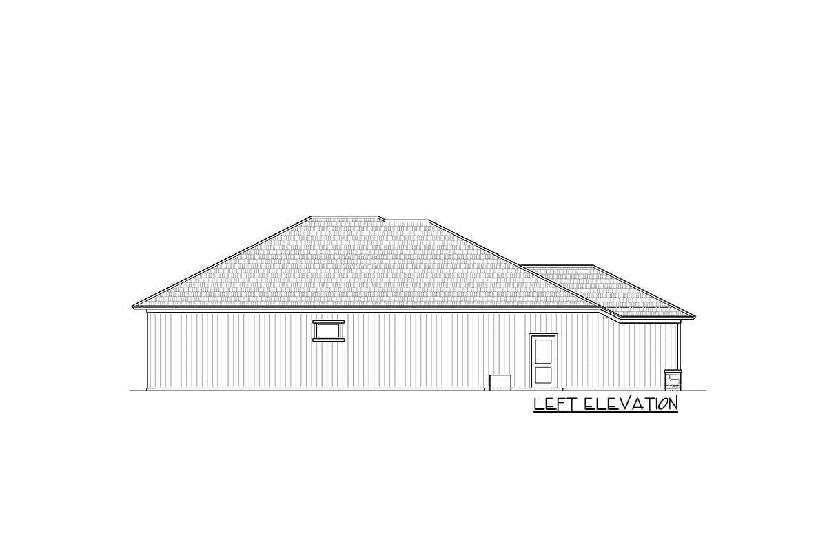 Left elevation drawing of a house plan with a hip roof, showing one window and a door.