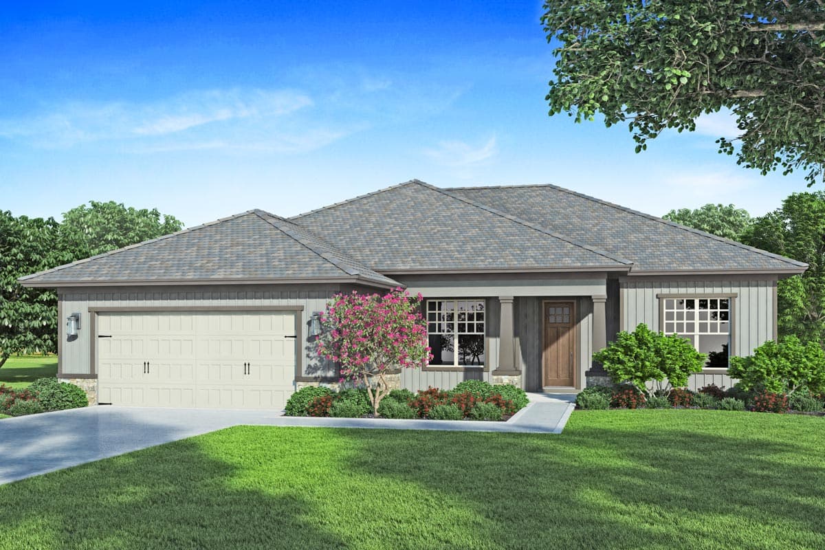 House plan exterior rendering. One-story Ranch style home with a two-car garage, front porch, and gabled roofline.
