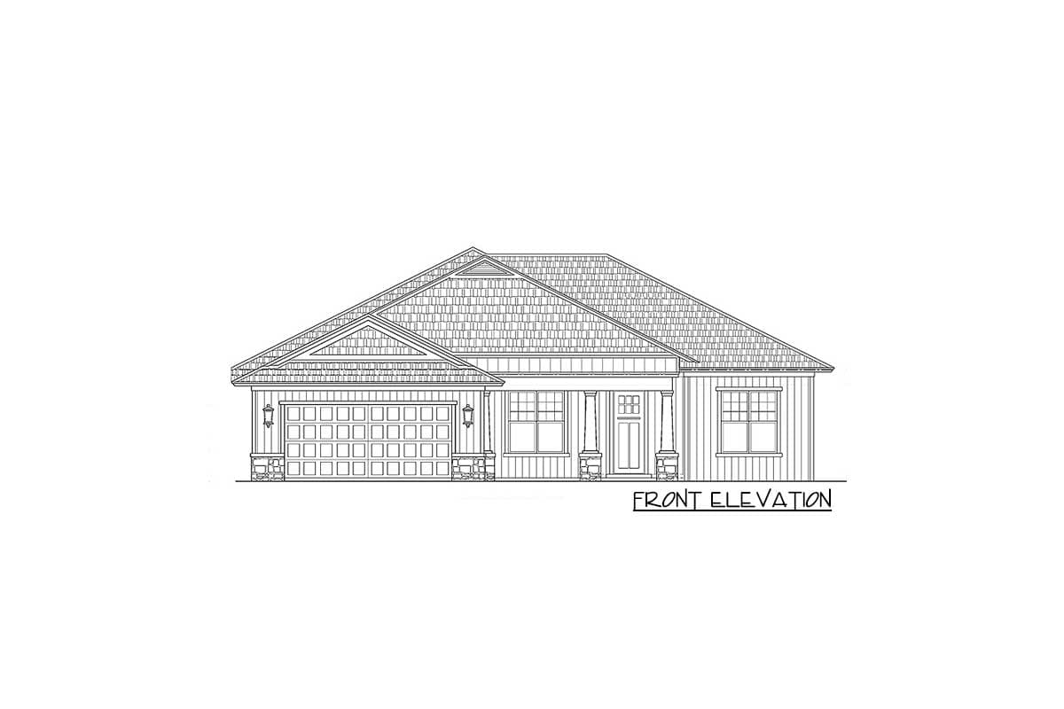 Front elevation drawing of a one-story house with a hip roof, prominent gable, covered entry with columns, and attached garage.