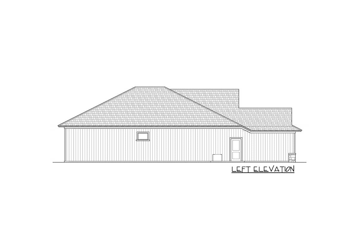 Left elevation drawing of a single-story house plan with vertical siding, a pitched roof, one window, and a door.