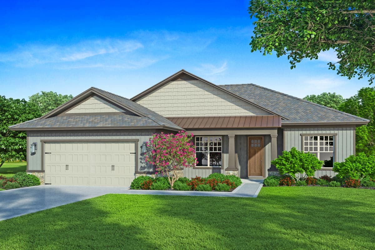 House plan exterior. Ranch style with a gabled roof, covered porch, and a two-car garage. Features lap siding and decorative gable accents.