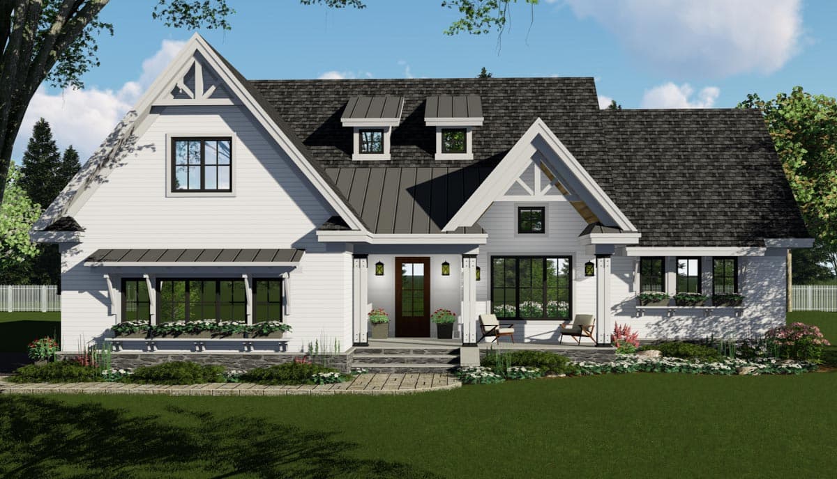 House plan exterior: Modern Farmhouse style, two stories, with prominent gables, dormers, and a covered front porch with stone accents.