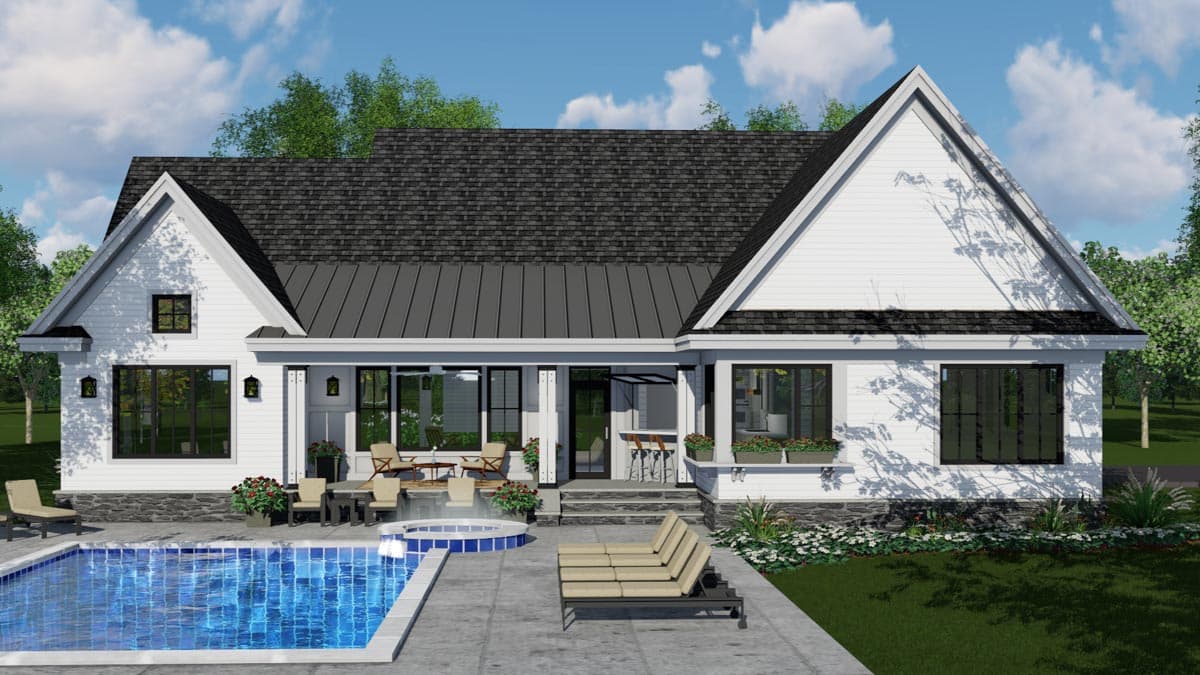 Modern Farmhouse house plan exterior with white siding, dark metal roof, gables, and large windows overlooking a pool.