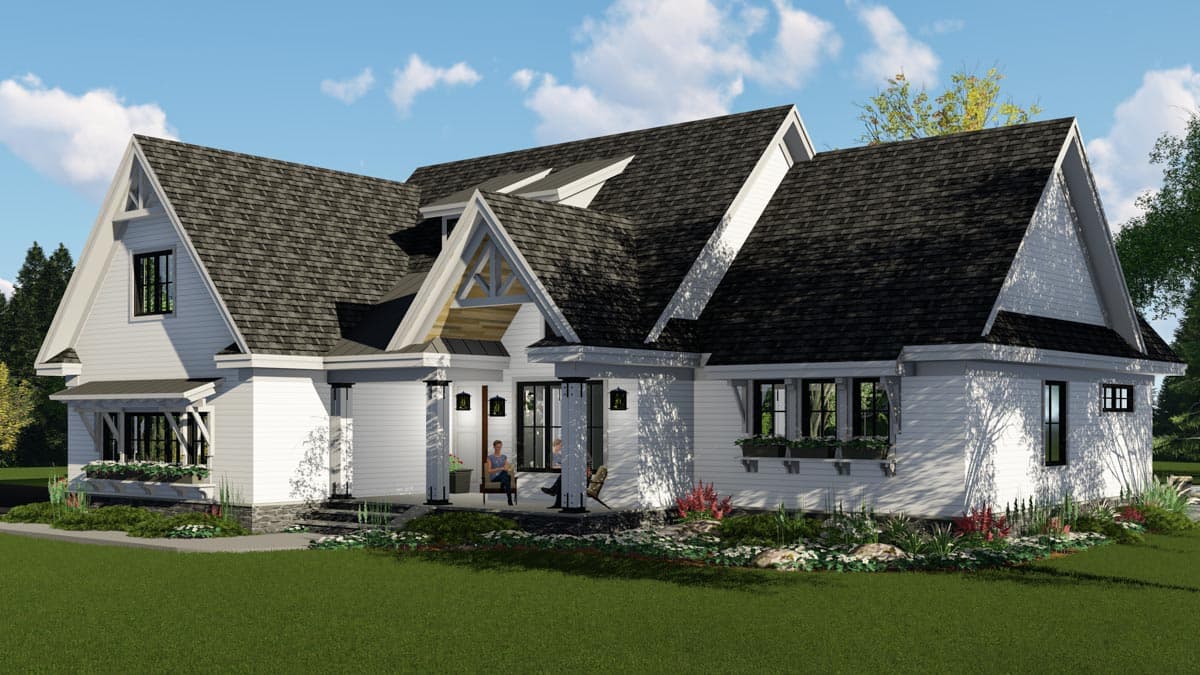 House plan exterior: Modern Farmhouse style, one story, with gabled dormers, covered porch, and large windows.