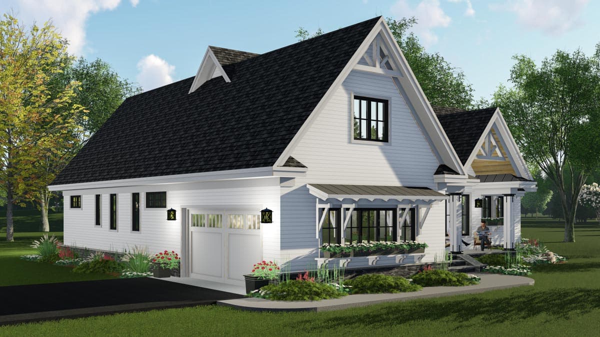 Modern Farmhouse house plan exterior with gabled dormers, a front-facing garage, and a covered porch.