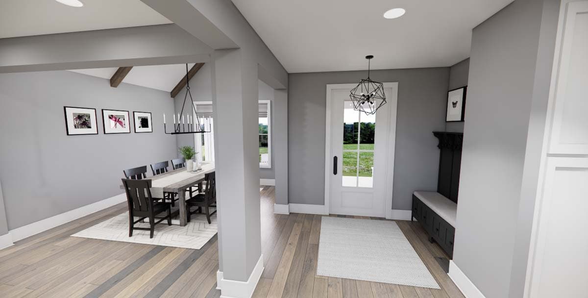House plan interior view showing dining room with vaulted beams and entryway with bench and double-door. 119 characters.