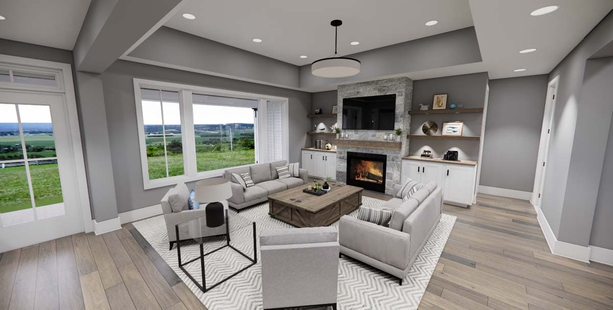 Interior rendering of a living room with a stone fireplace, built-in shelving, and large windows.