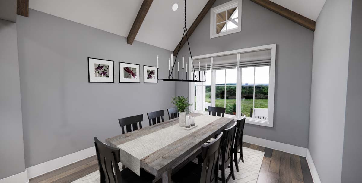 Dining room rendering with vaulted ceiling, exposed beams, dining table, and large windows.